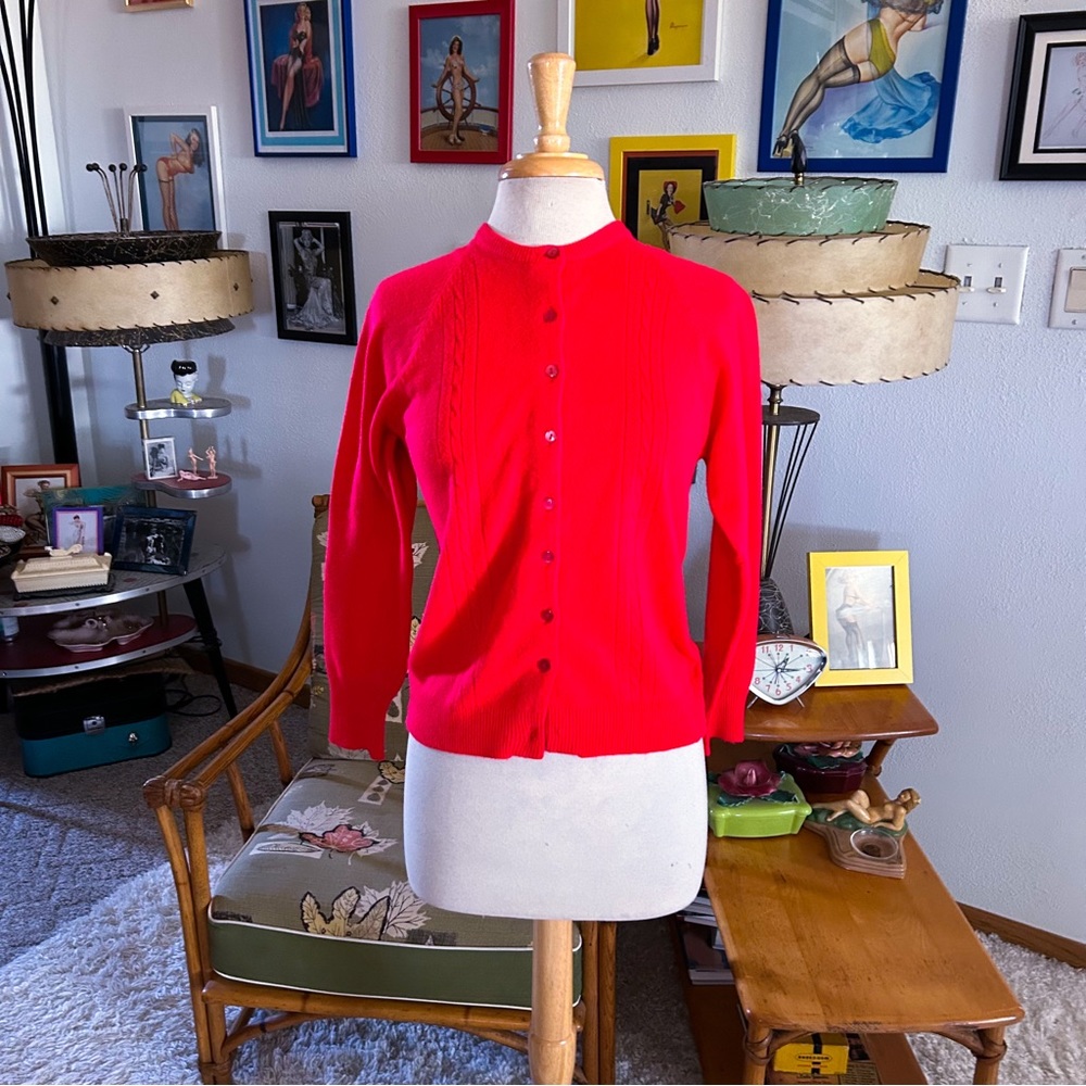 SOLD SOLD Vintage 1950s Sweater Red Orange Cardigan M L Pinup Rockabilly 50s - Picture 1 of 8